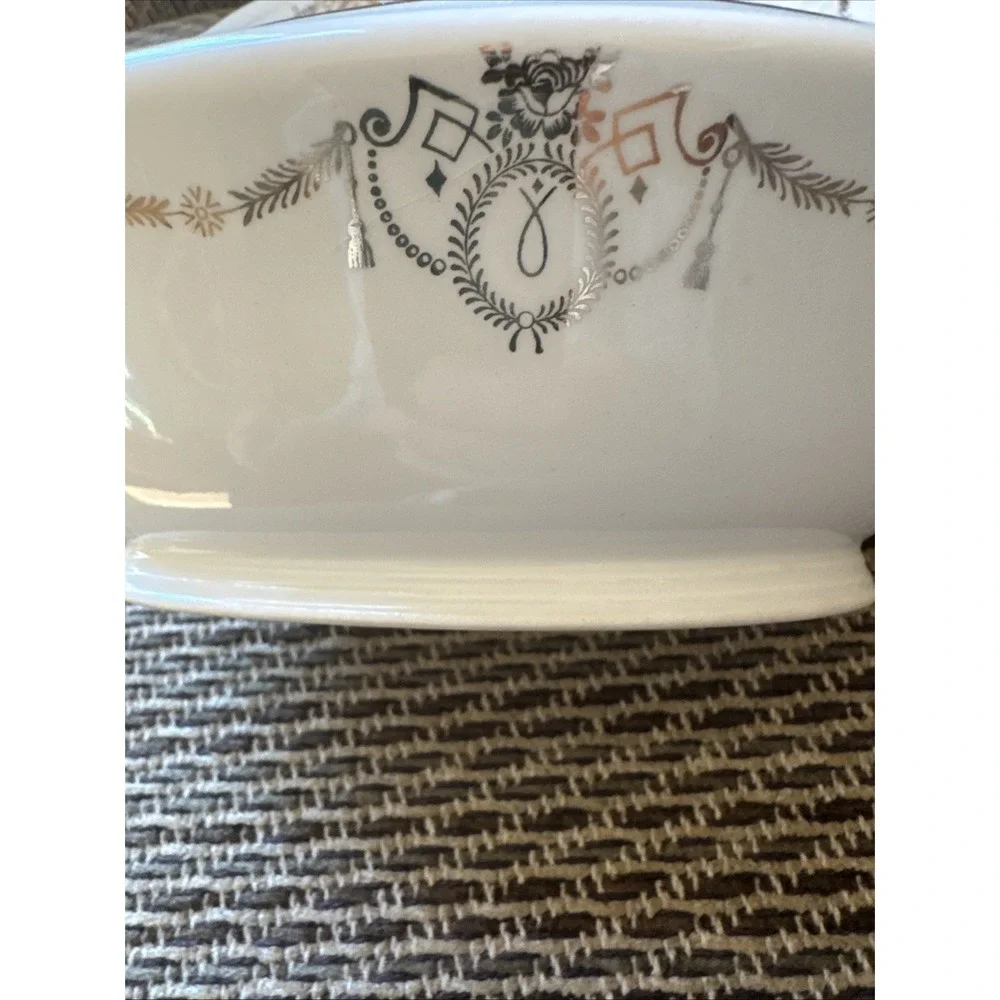 Edwin Knowles Gravy Boat & Plate Adams‎ Gold Swag Design Vintage 1940s